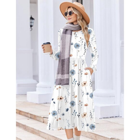 Zeagoo Women White Floral Long Sleeve Flowy A-Line Boho Long Dress with Pockets - Picture 2 of 6